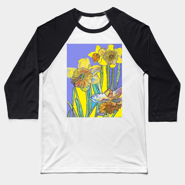 Abstract Yellow Daffodil Watercolor Pattern on Navy Blue Baseball T-Shirt by SarahRajkotwala